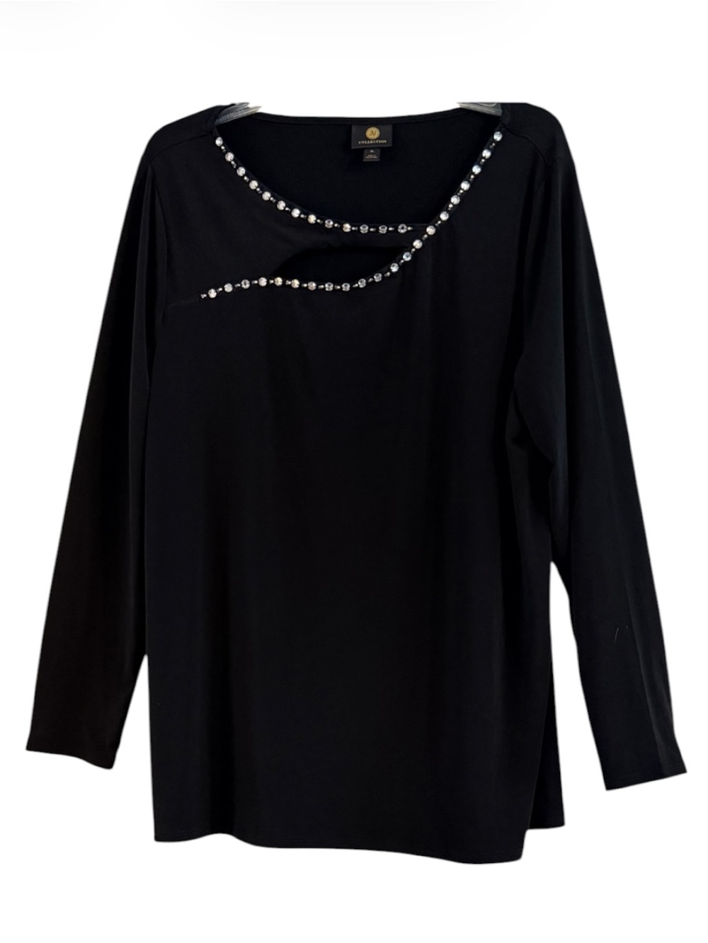 JM Collection Black Asymmetrical Rhinestone Cutout Top XL